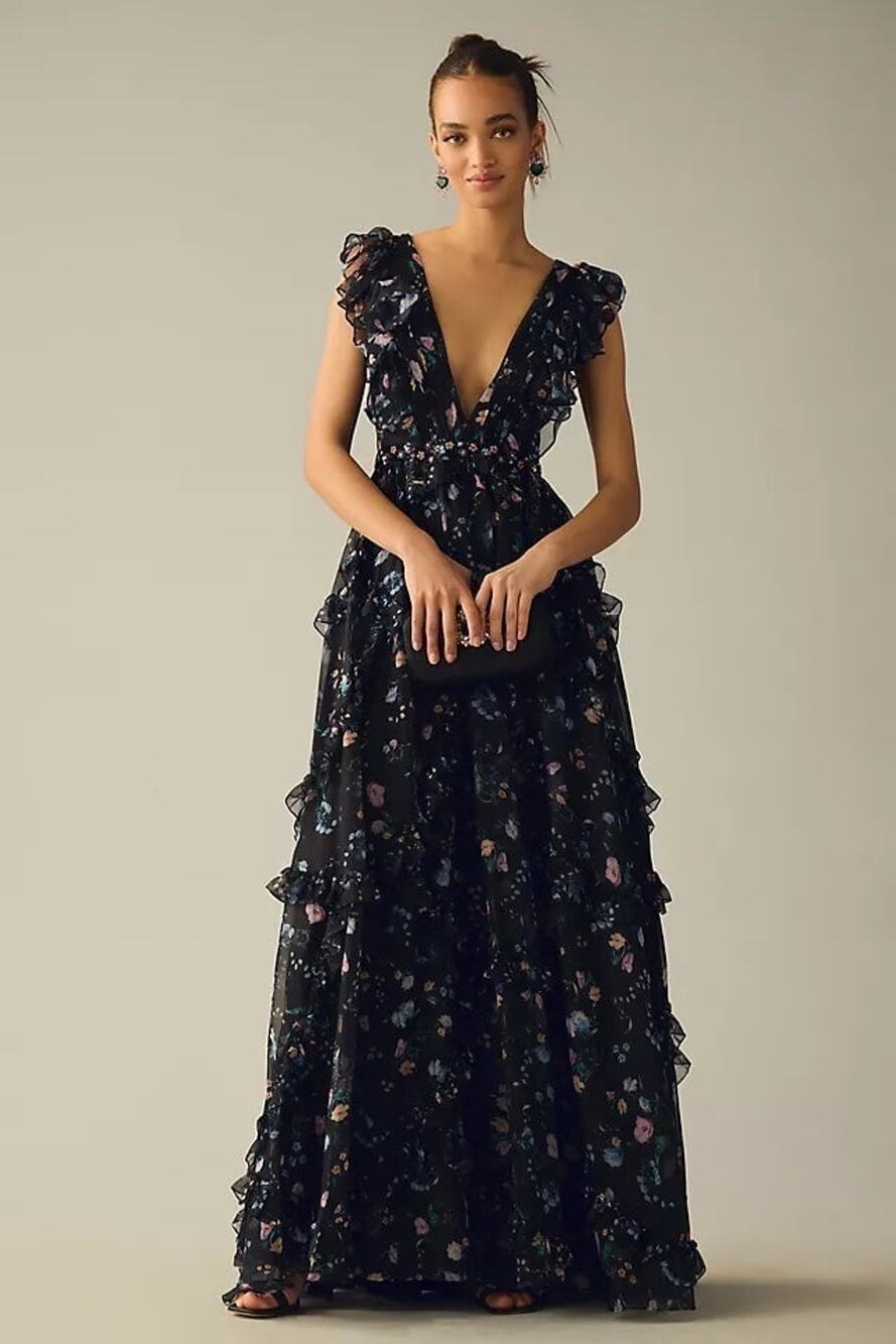 NWT❤️LEENA FOR MAC DUGGAL RUFFLED FLORAL CAP-SLEEVE V-NECK GOWN sz12